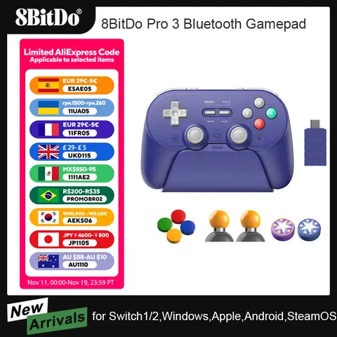 8BitDo Pro 3 블루투스 게임패드 무선 게임 컨트롤러 스위치 1/2, 윈도우, 애플용, TMR 조이스틱 교체 가능한 버튼 포함