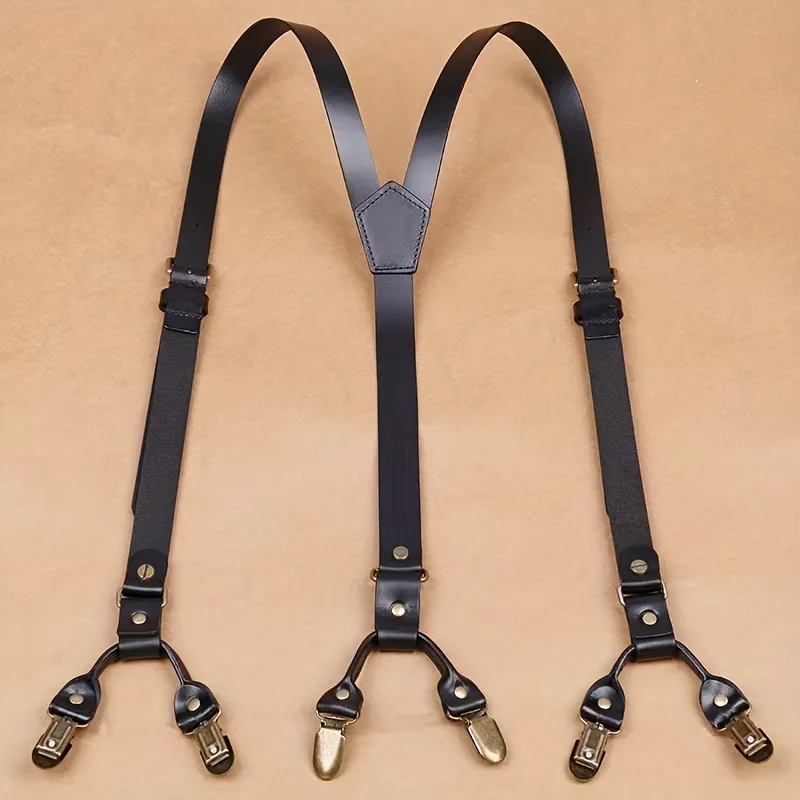 Vintage Leather Adult Suspenders Gothic Personality Y-shaped Adjustable Men's Business Trousers 4 Bronze Spring Hook Braces Gift