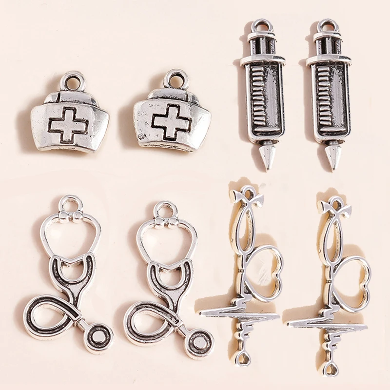 Leslie 20pcs Alloy Medical Machine Kit Charms For Jewelry Making DIY Handmade Nurse Hat Syringe Stethoscope Pendants