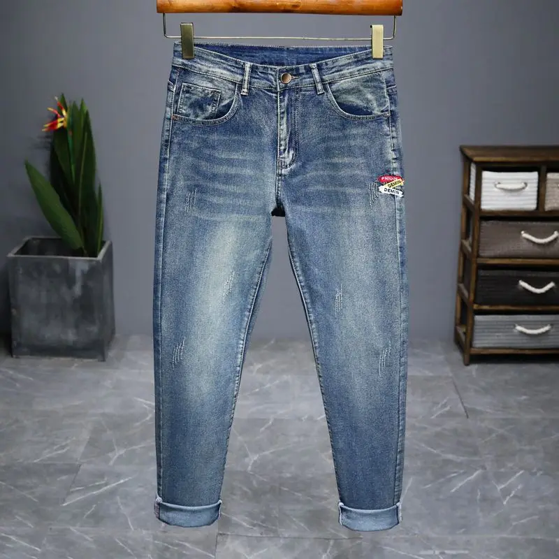 Men's Slim Jeans Korean Fashion Stretch Skinny Pencil Pants Spring Autumn Patch Casual Vintage Washed Denim Trousers