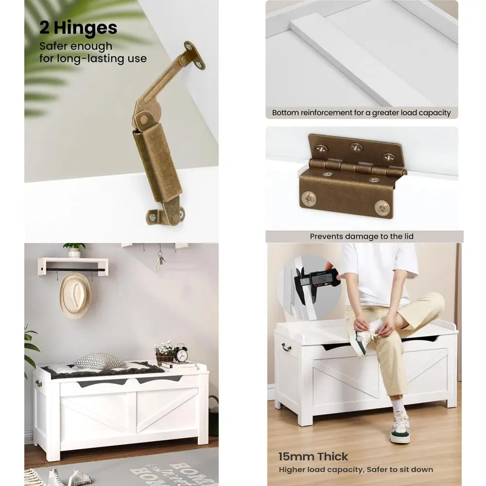 

Extra Large Wooden Storage Chest with Hinges, Bench Top Organizer, Shoe Storage for Entryway, Bedroom, Living Room, White