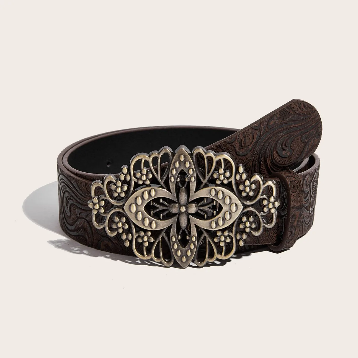 1pc Women Brown Western Belt Vintage Cowgirl Boho Style PU Leather Embossed Belt With Antique Floral Buckle For Jeans Dress