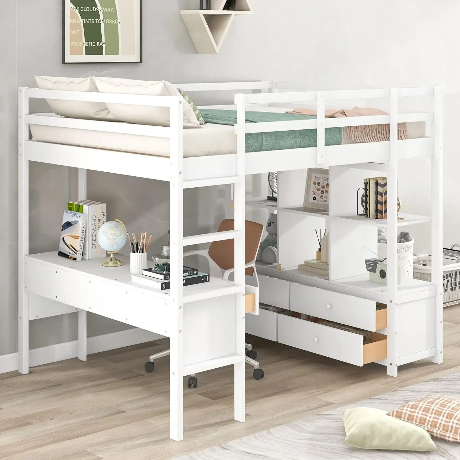 Camas infantis cama loft completa com gavetas de mesa embutidas, armários e prateleiras de armazenamento, estrutura alta de madeira, escada, tamanho integral, branco