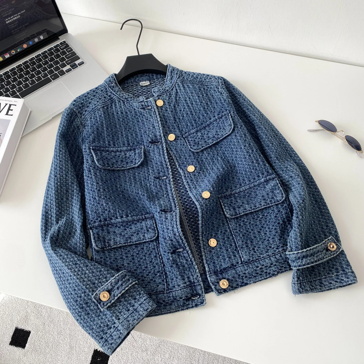 

Women Coat Denim Coats Round Neck Full Sleeve Jackets Y2k Streetwear Work Slim Fit Elegant Splice Jacket Autumn Winter 2025
