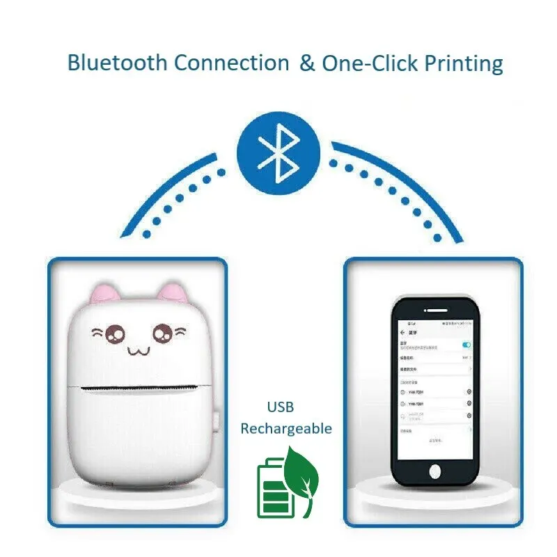 Mini Thermal Printer Portable Ink-free Thermal Wirelessly BT 203dpi Photo Label Memo Wrong Question Printing With USB Cable 57mm