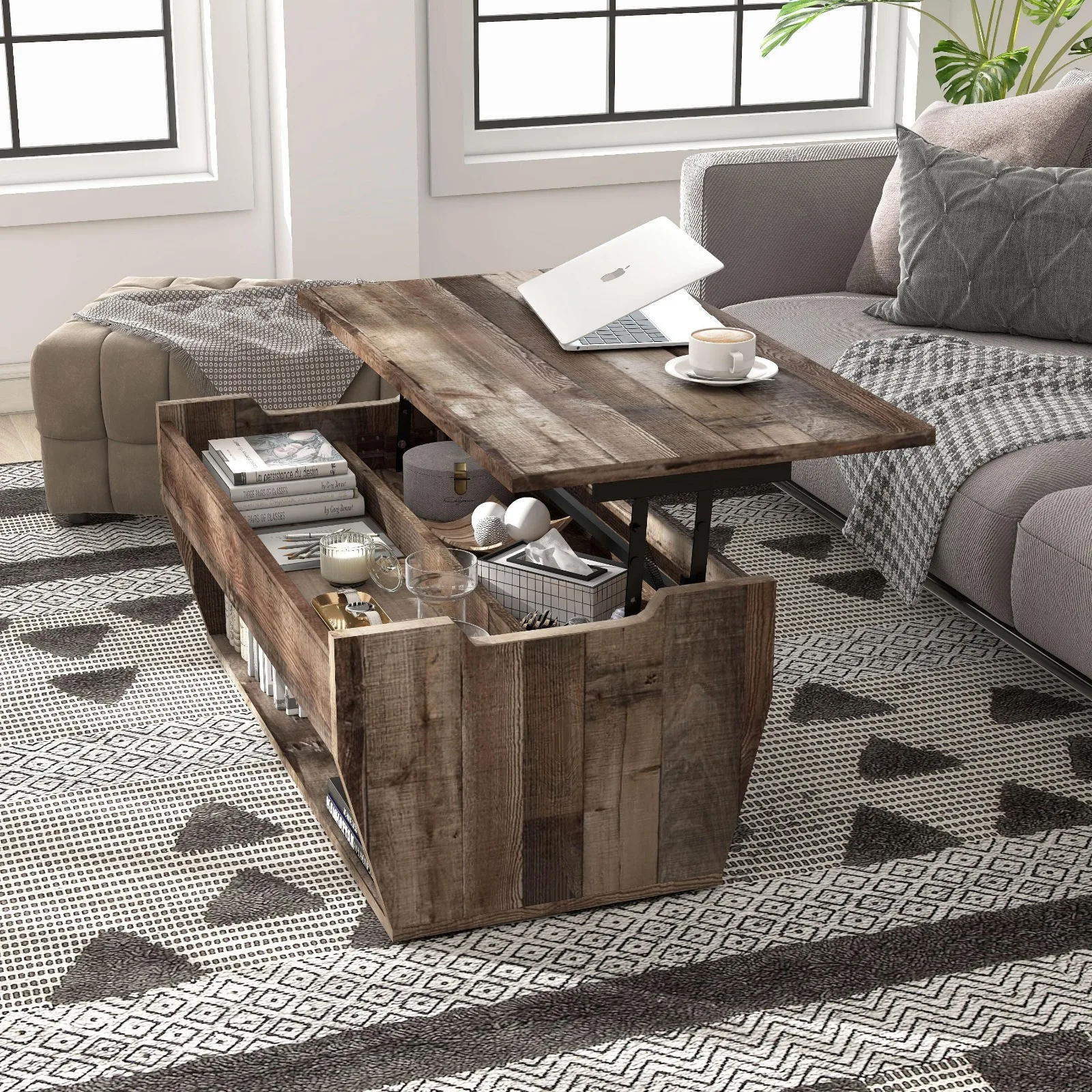 41 en EE. UU. Mesa de centro de tablero de partículas rectangular gris desgastado con parte superior elevadora