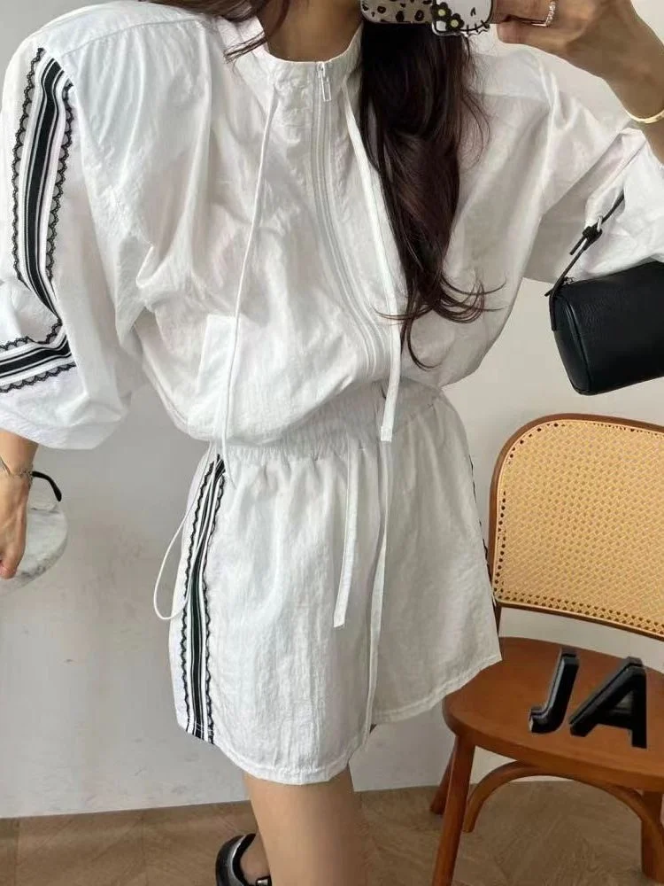 

Women's Lace Trimmed Color Blo Striped Sun Protection Outerwear Loose Slimming Elastic Waist Wide Leg ort Pants Set