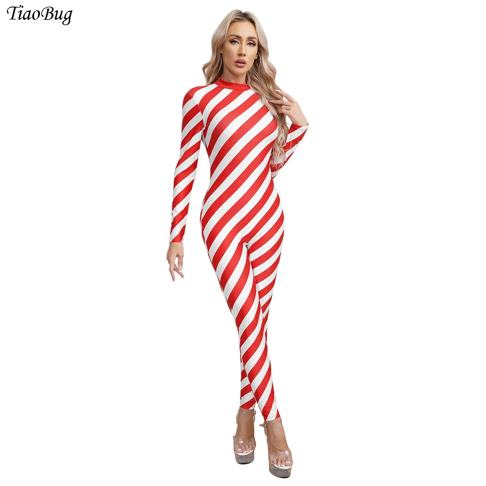 

Womens Christmas Candy Cane Full Body Bodysuit Mock Neck Long Sleeve Zipper Unitard Jumpsuit Xmas Cosplay Party Dress Up Costume