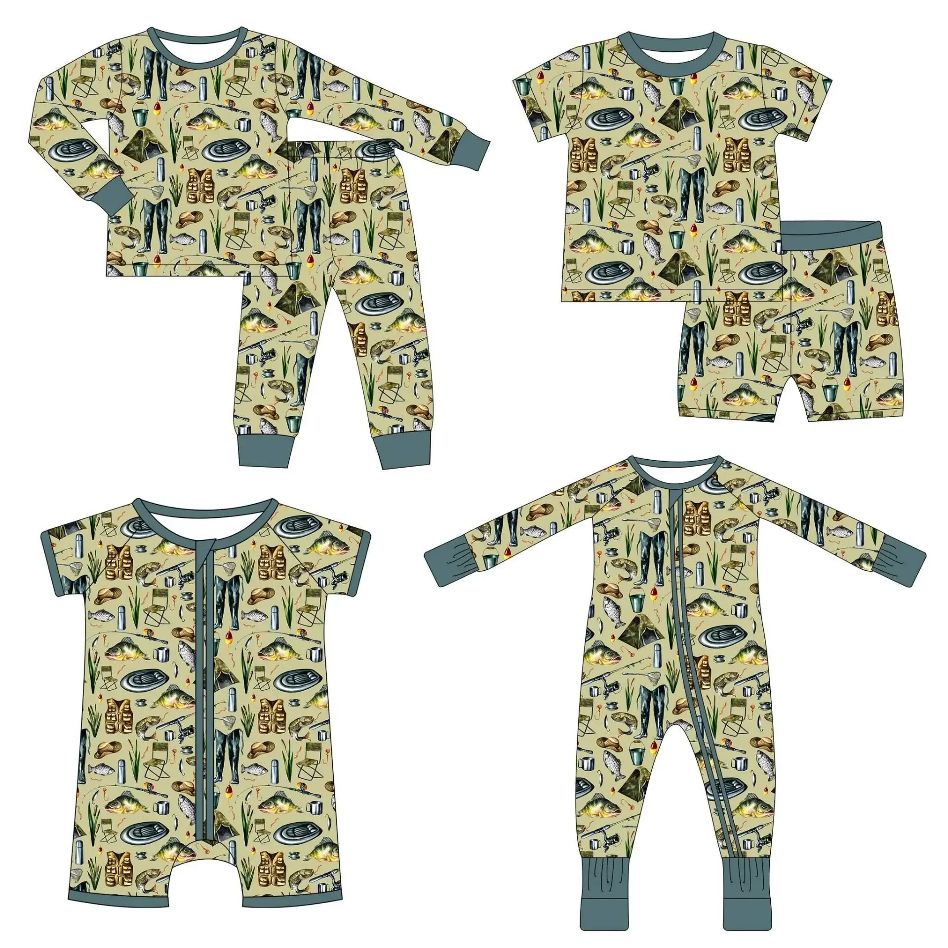 Baby boy matching suit fishing print summer short-sleeved suit toddler jumpsuit boutique fashion toddler four-piece set