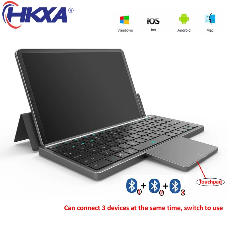 HKXA 3 Channels Portable Wireless Bluetooth 5.2 Tablet keyboard with PU Case Foldable Stand for Windows Android IOS iPad Phones