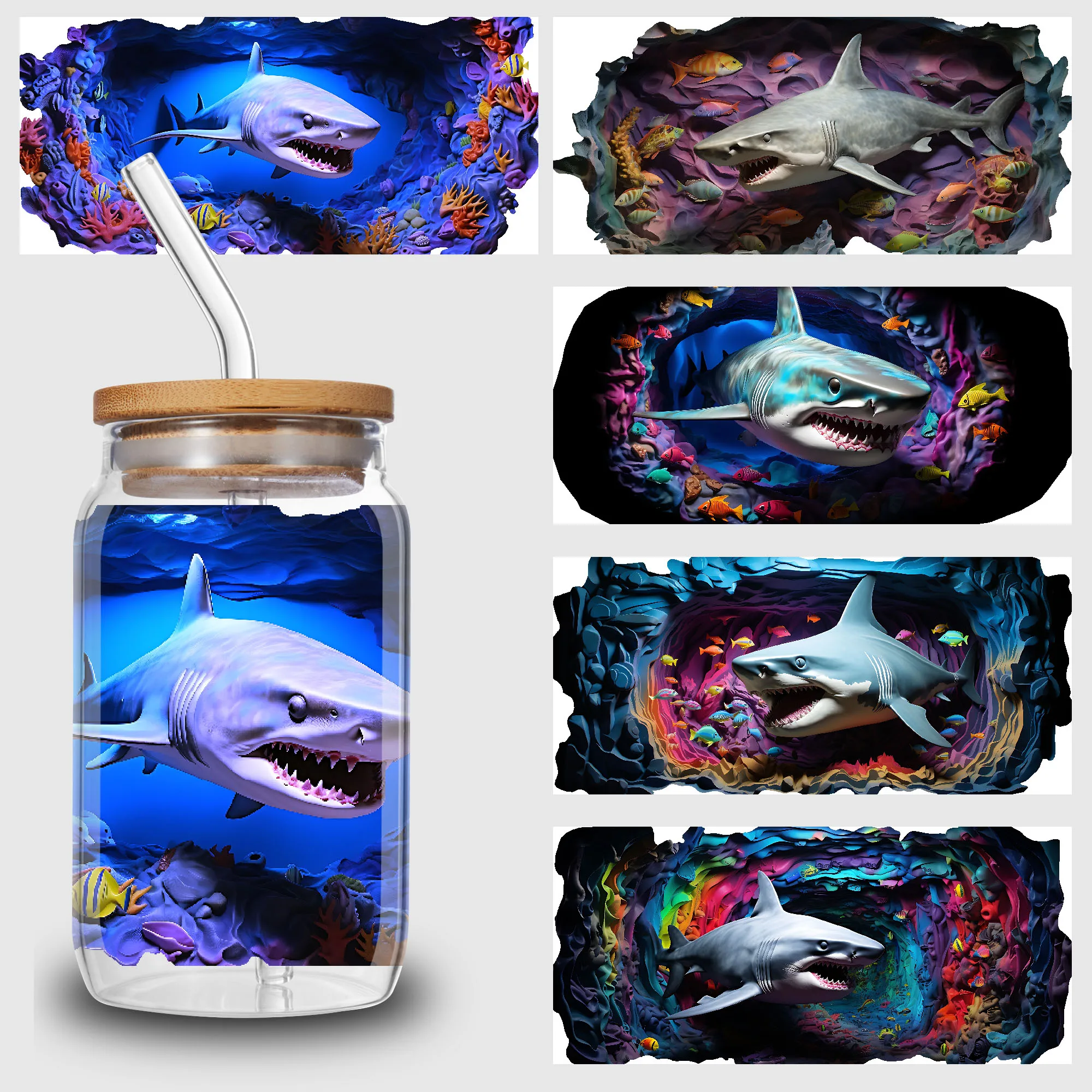 5 Blatt Fierce Shark UV DTF Tassenaufkleber, DTF-Transferaufkleber, wasserfestes Transferpapier zum Abwischen für 16 Unzen Glas, Becher, Basteln