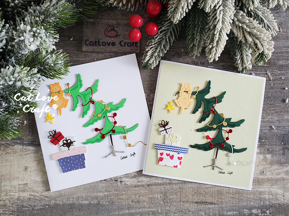 Catlove Christmas Tree Gifts Cat Metal Cutting Dies Scrapbooking Stencil Die Cuts Card Making DIY Craft Embossing New Dies For