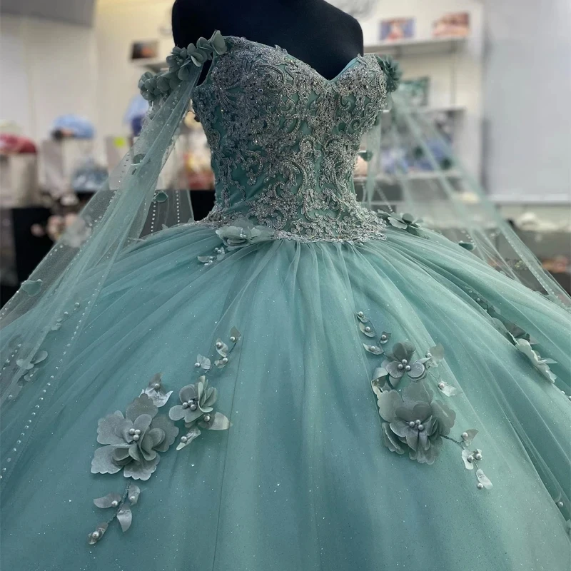 Vestidos de Quinceañera de princesa Verde menta, vestido de baile sin hombros, tul Floral, perlas dulces, 16 vestidos, 15 Años, mexicano