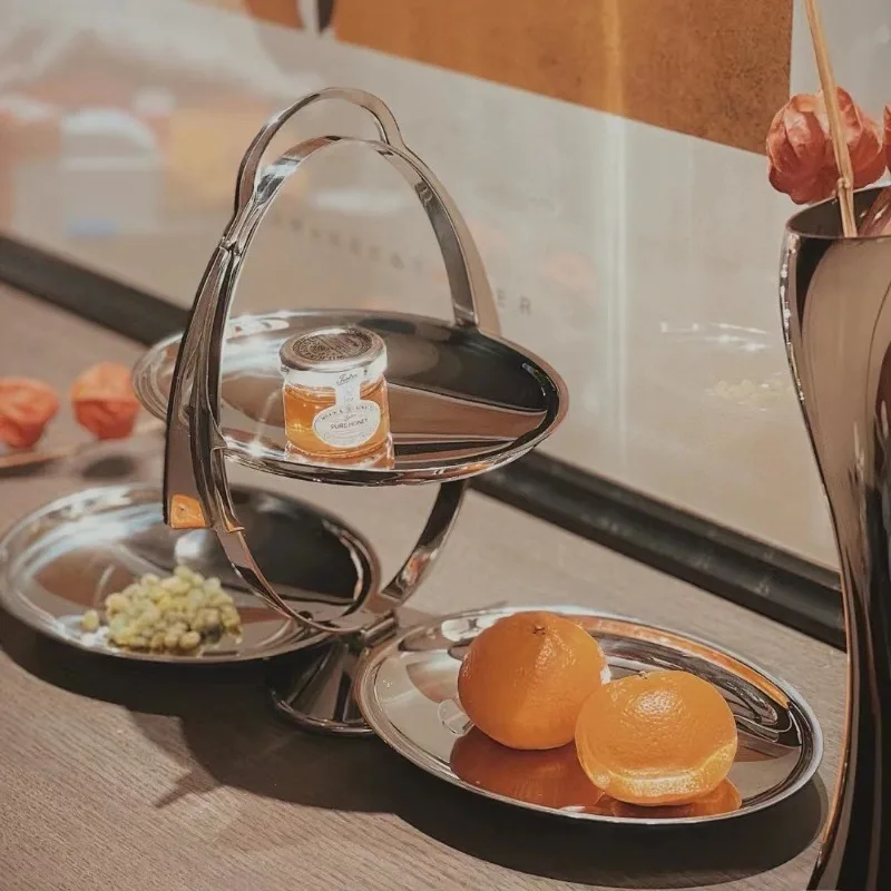 Luxury foldable three-tier snack tray with handle - stainless steel cupcake and fruit tray for homes and hotels