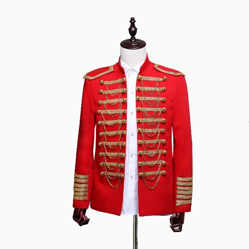 Standing Collar Metal Chain Personality Men Suit Blazer Jacket Palace Style Gala Party Stage Show Costume Military Uniform Coat