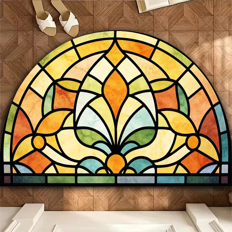 VIKAMA Semicircle Stained Glass Floral Doormat Tiffany Style Non Slip Waterproof Entrance Rug Front Door Floor Mat