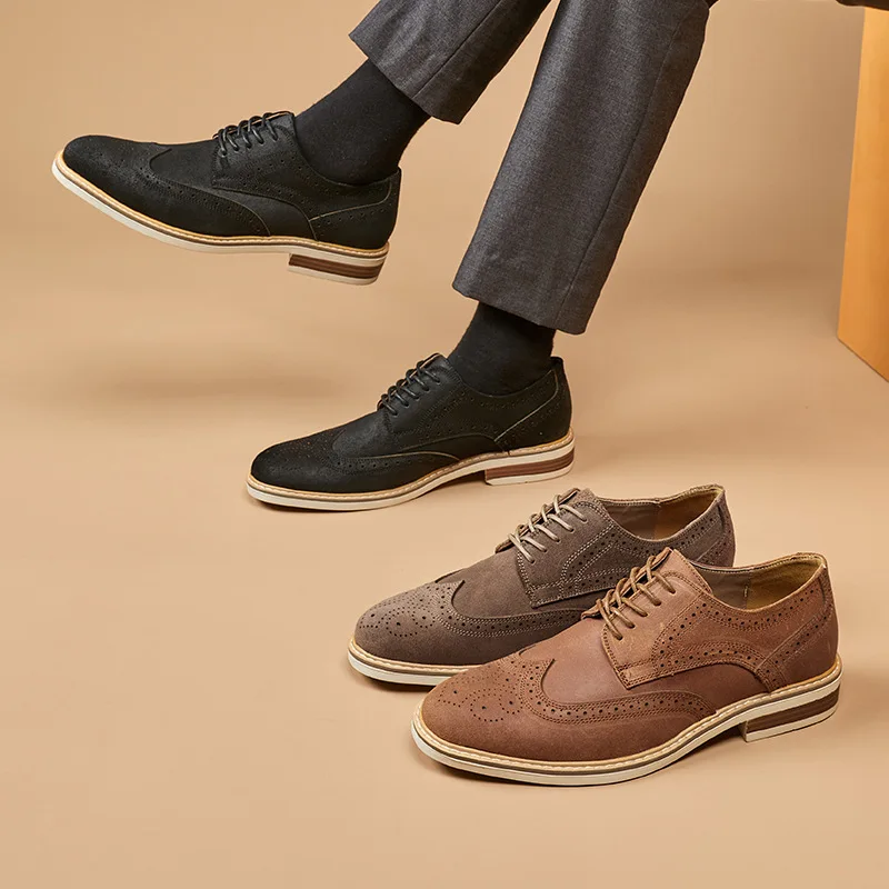 Man Derby Shoes Genuine Split Suede Leather Full Brogue Long Wing Dress Business Men Casual Comfortable Wedding Party Suits