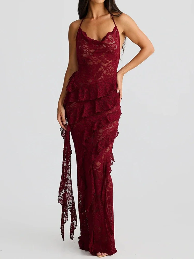 

Women Sexy Halter Neck Backless Lace Dresses 2025 Summer Sleeveless Ruffles Bandage Meramid Formal Occasion Gowns Party Dress