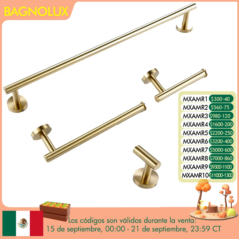 

Brushed Gold Bathroom Accessories Set Hardware Kit Wall Mount Hand Towel Bar Rack Toilet Roll Paper Holder Robe Hook Hanger