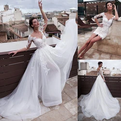 Marvelous Jewel Neckline 2 In 1 Wedding Dresses With Detachable Skirt Lace Appliques 3/4 Sleeves Two Pieces Bridal Gowns 2023