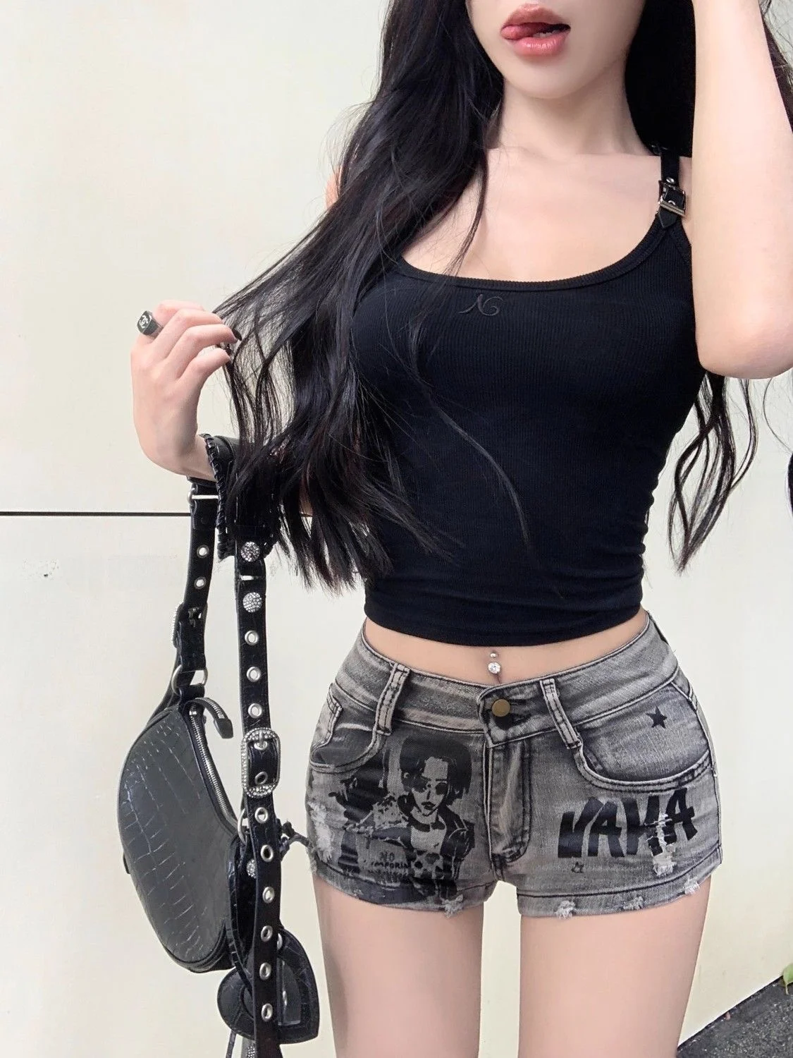 레트로 프린트 홀 데님 반바지 여성 여름 스몰 사이즈 스파이시 걸 로우 웨이스트 스트레이트 레그 팬츠 슬리밍 캐주얼 핫팬츠