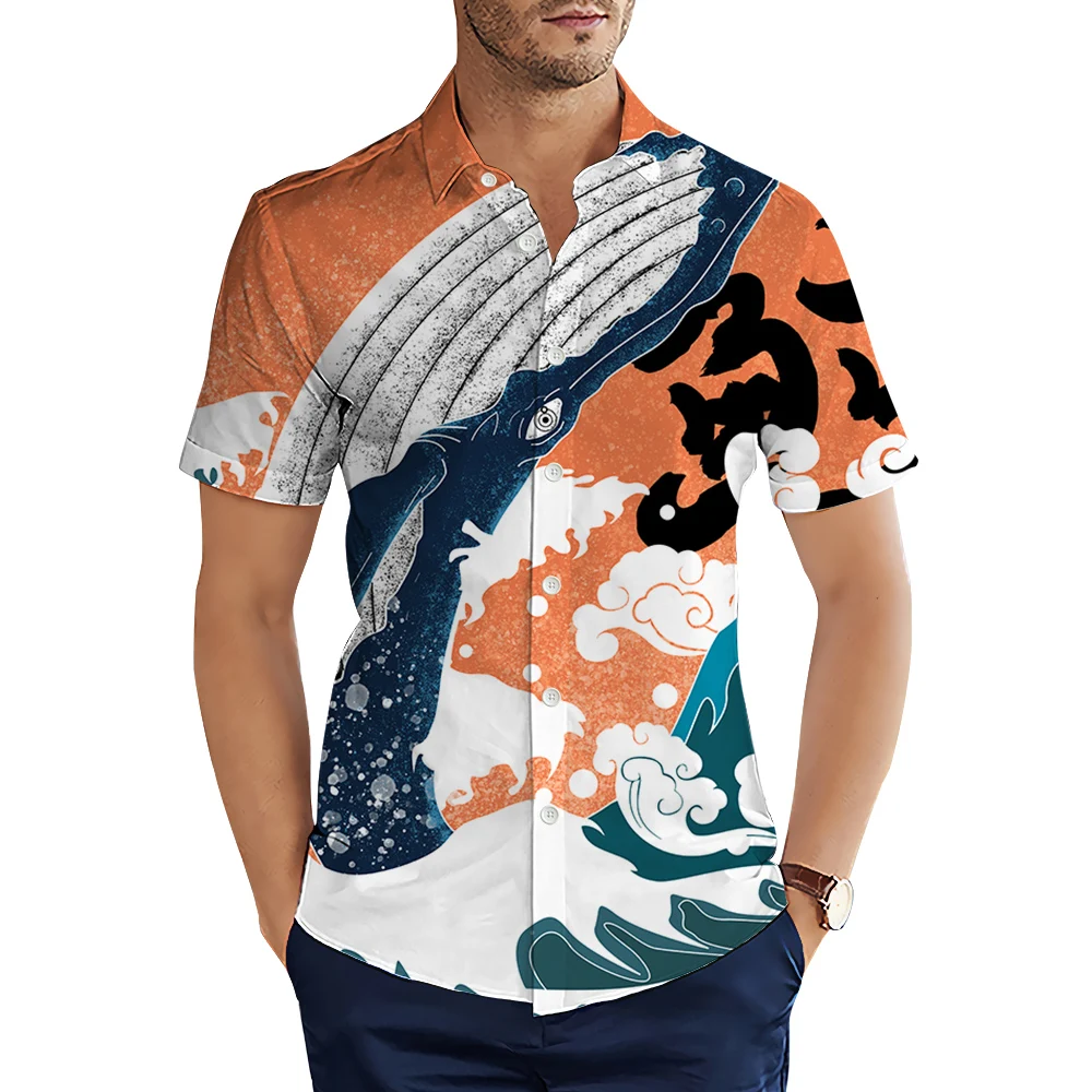 HX Ukiyo-e Shirts Japanese Famous Painting Ocean Waves Whale 3D Printed Casual Shirt Short Sleeve Tops Camisas Men Clothing