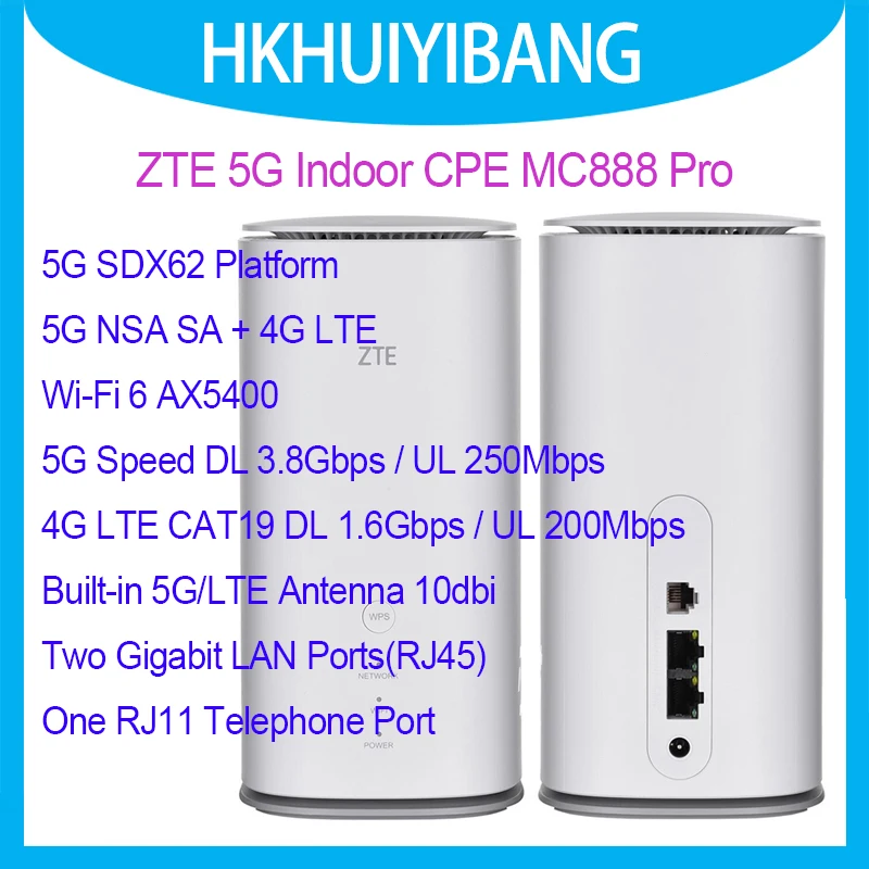 

ZTE 5G Indoor CPE MC888 Pro Wi-Fi 6 AX5400 Wireless Router 10dBi CA & ENDC Gigabit Mesh 5G NR NSA+SA 4G LTE Cat19 Sim WiFi Modem