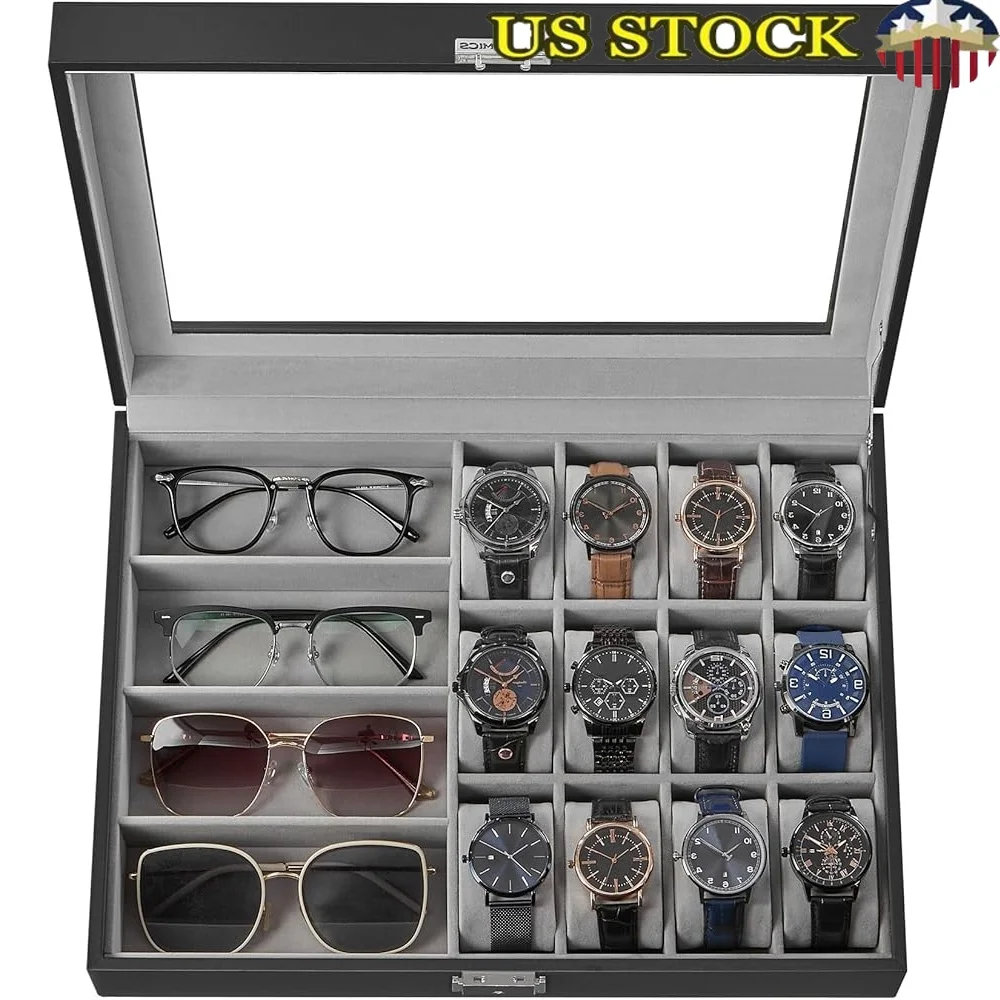 

Watch Box Organizer 16 Slots Lockable Storage Case Removable Velvet Pillows Glass Lid Gift Men Women