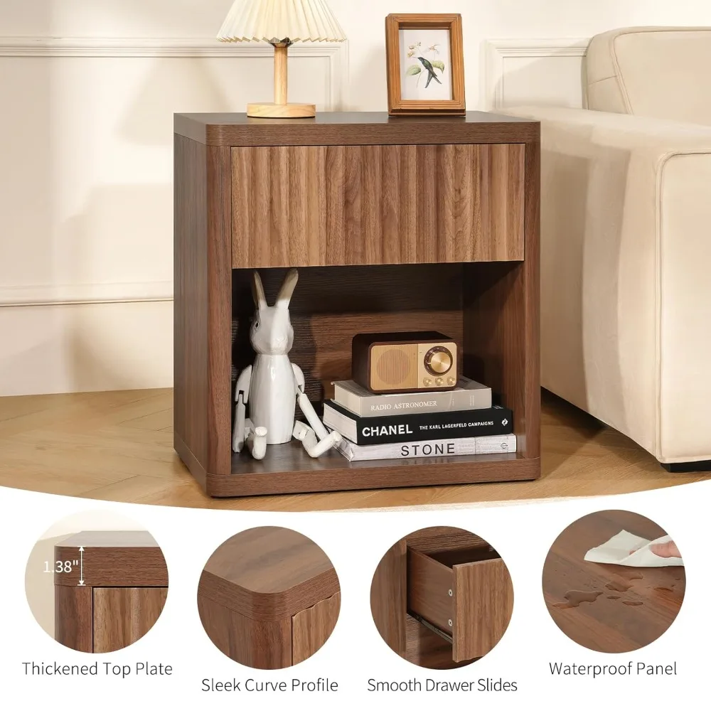 

Night Stand Fluted Nightstand with Drawers, Wood Bedside Table with Storage Shelf, Bed Side Table for Bedroom, Customized