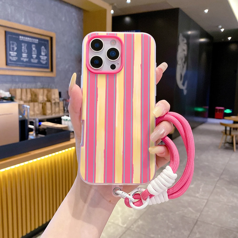 Phone Case For Samsung Galaxy S26 Ultra S25 S24 s22 s23 Plus FE A56 A55 A35 A36 A37 5G Fashion Stripes 2 in 1 With Lanyard Cover