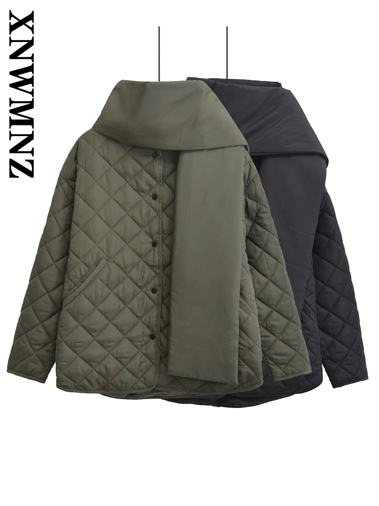 XNWMNZ Woman's 2024 New Autumn Casual Thick Padded Jacket Lady Vintage Winter Long Sleeve Scarf Collar Coat Solid Color Jacket T