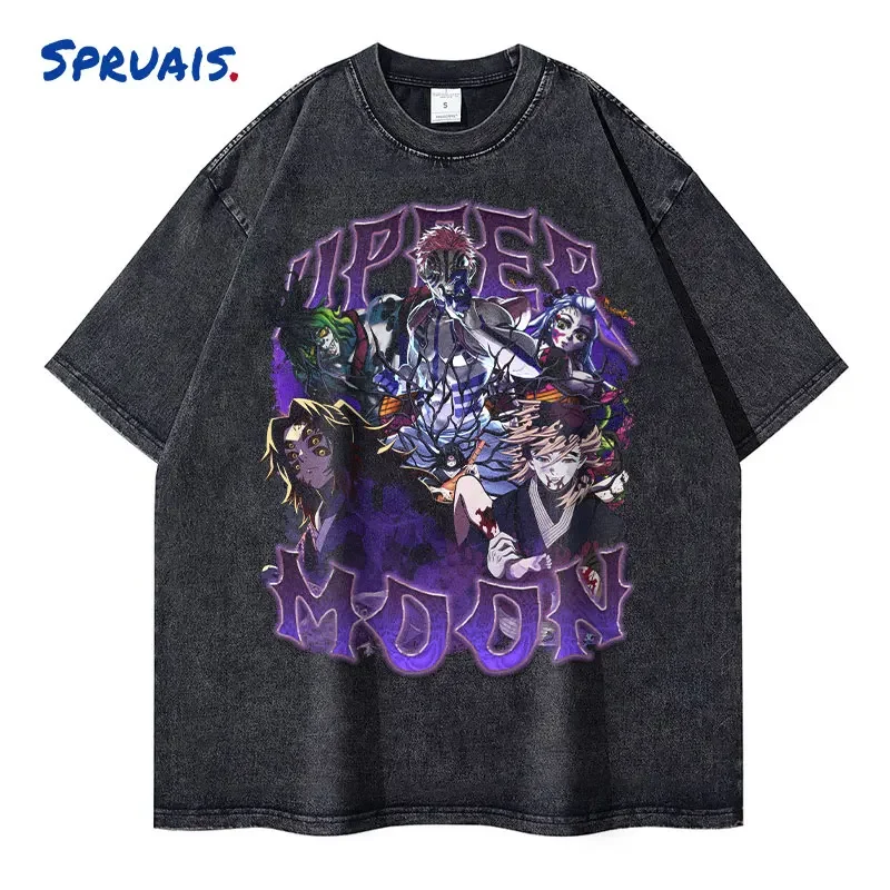 

Anime Demon Slayer T Shirts Vintage Washed Kimetsu No Yaiba T-shirt Oversize Short Sleeve Manga Kokushibou Akaza Douma Tops Tees