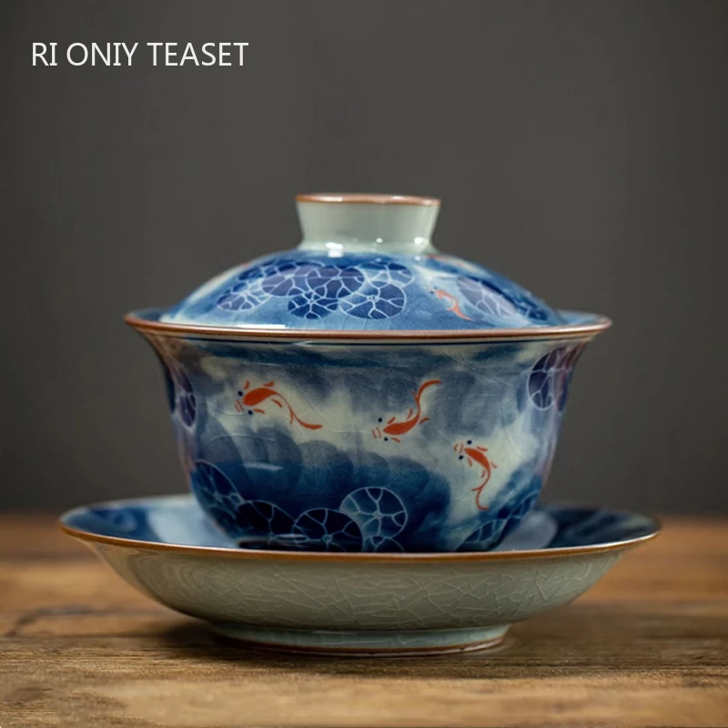 

180ml Chinese Antique Ceramic Gaiwan Handmade Lotus Fish Tea Tureen Travel Portable Tea Bowl Household Teaware Accessories