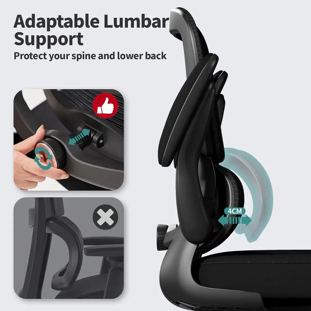 Chaise de bureau ergonomique en maille avec support lombaire réglable pour usage domestique et exécutif (noir)