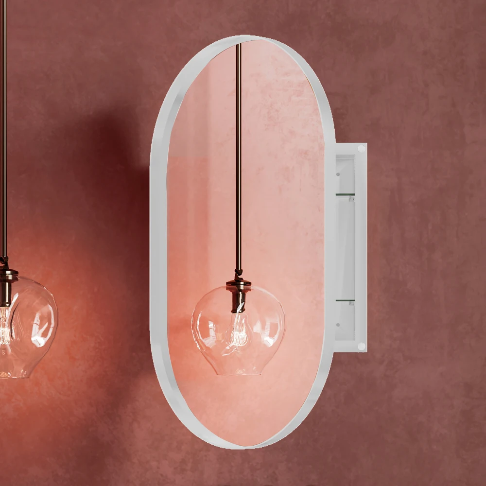 

20x34 Inch Oval Recessed Medicine Cabinet, Metal Framed Bathroom Wall Cabinet with Mirror and Adjustable Shelves, Wall Mirror