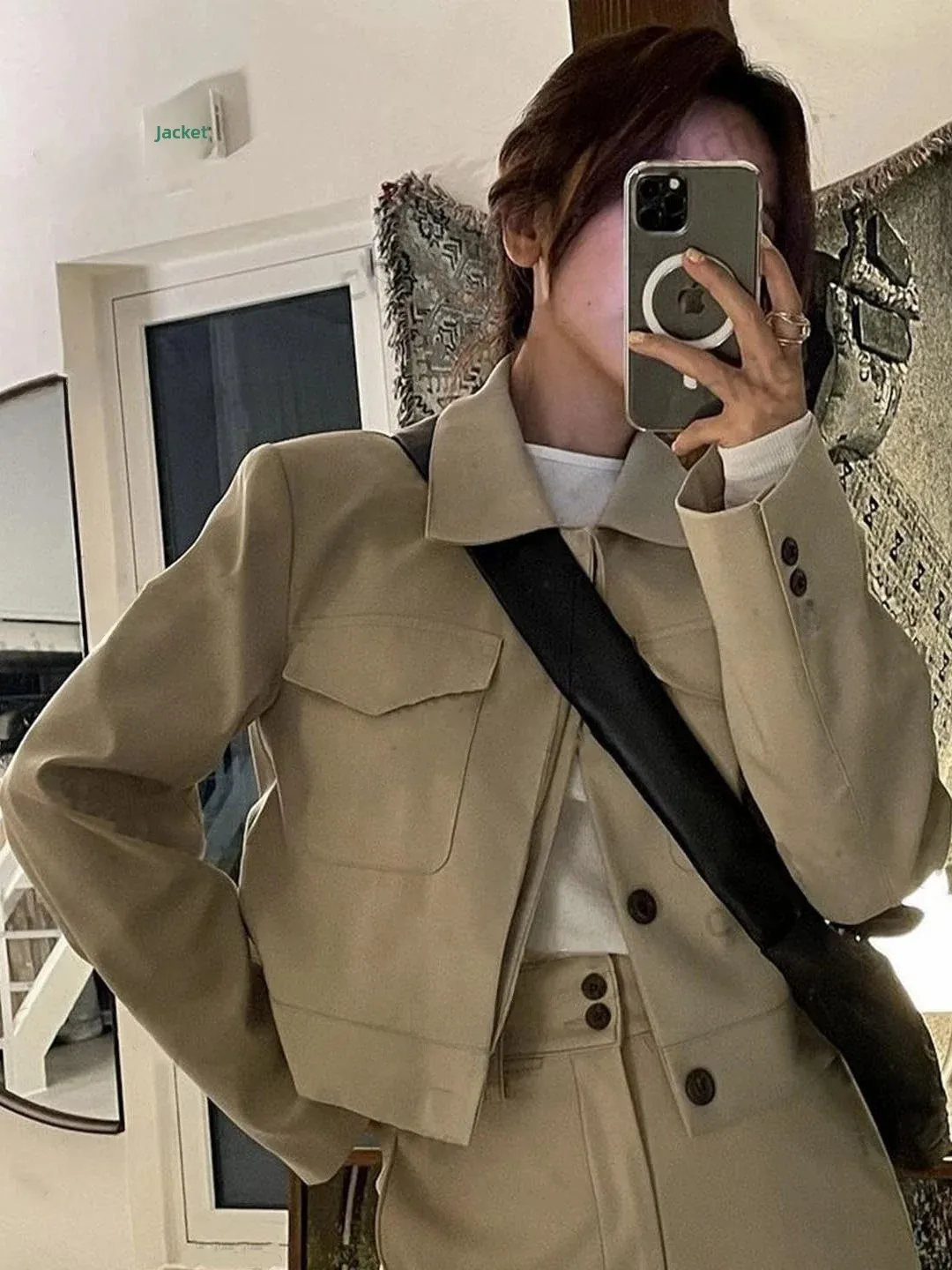 Loose Fit Khaki Single Button Chic Collar Women's Jacket Korean Style Vintage Wen Gentle Series Short Outerwear Coat