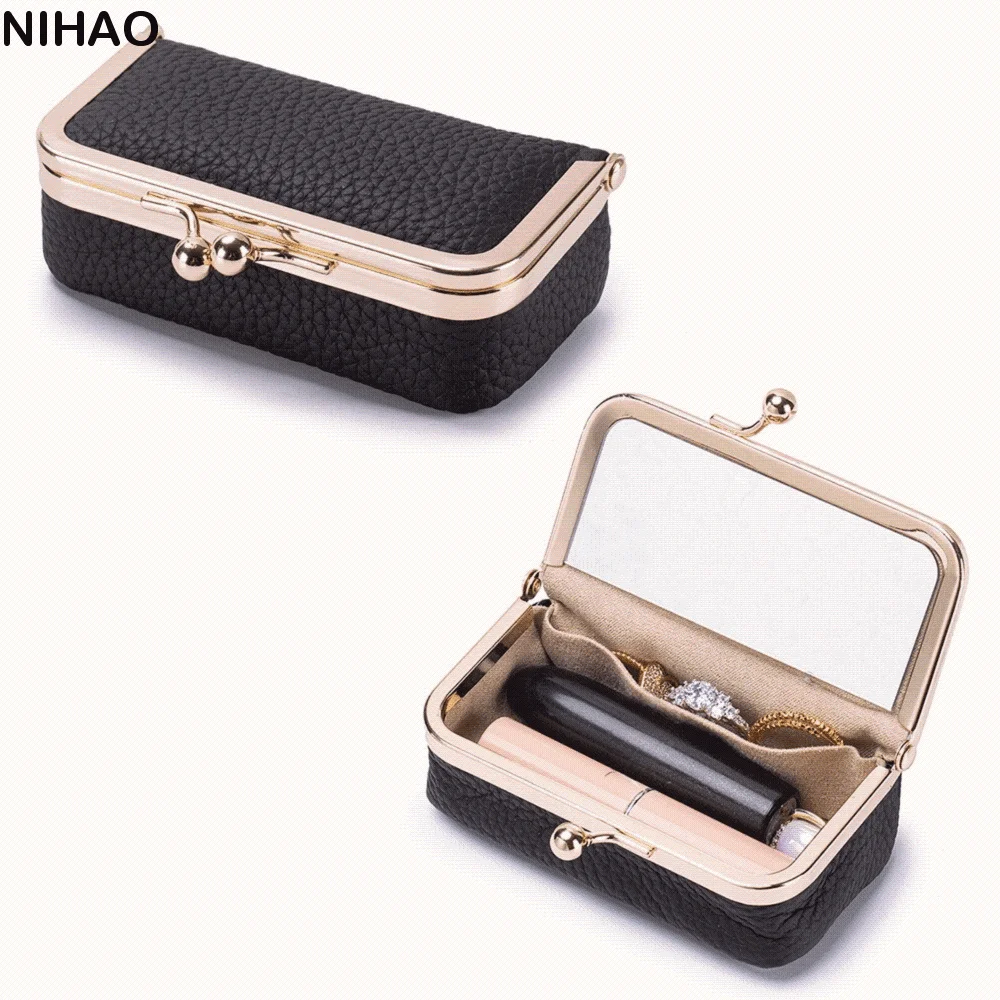Portable Lipstick Bag with Makeup Mirror Exquisite Leather Jewelry Bag Anti-splash Water Multifunctional Cosmetic Bag Storage