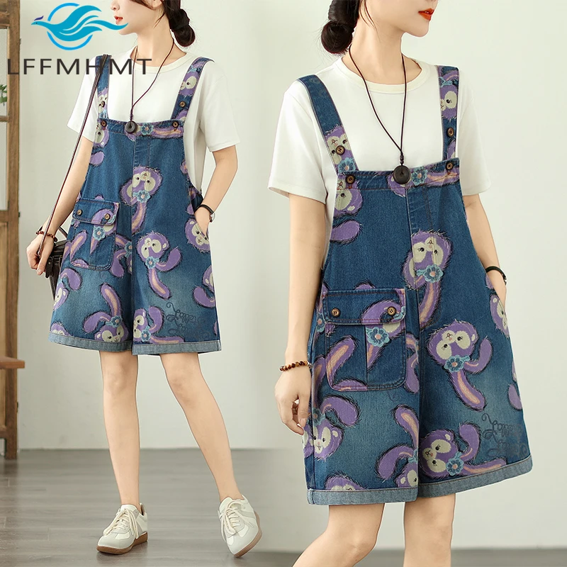 

6743 Cartoon Printing Suspender Jeans for Women Summer New Fashion Good Quality Multi-pocket Loose Casual Denim Shorts
