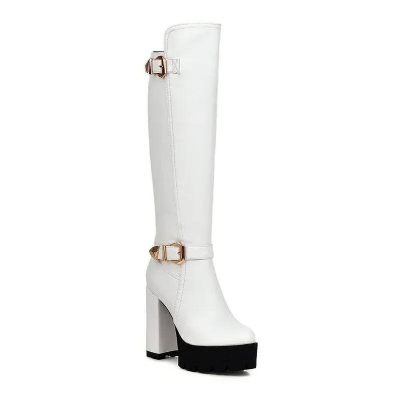 Women\'s Boots autumn winter new style fashion belt buckle Round head zipper Thick heel High heel High Boots