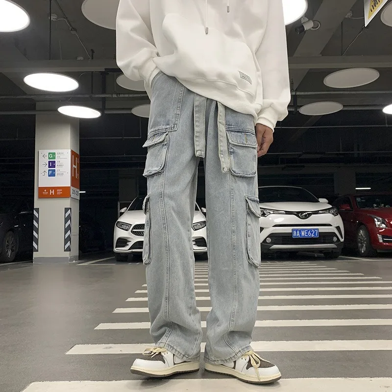 Multi-pocket Overalls Jeans Men's Spring And Autumn Street Hip-hop Casual Versatile Wide-leg Floor-mopping Trousers