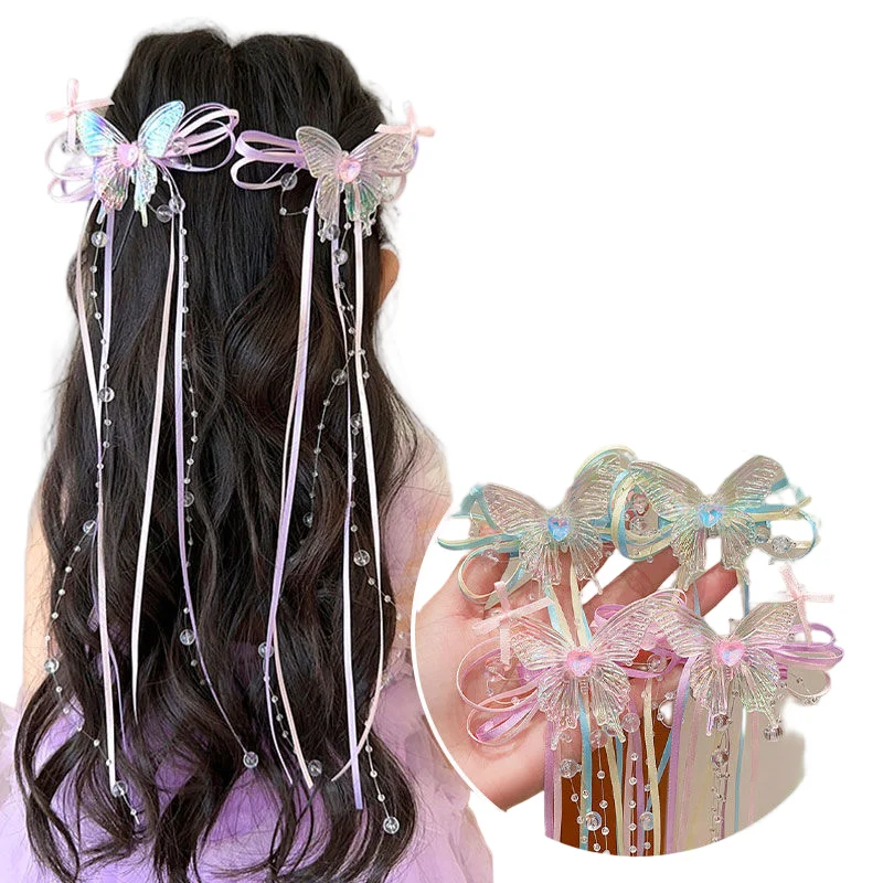 Girls Cute Elegant Butterfly Colorful Mesh Bow Ribbon Hair Clip Beads Tassel Crystal Decoration Headwear for Party Kids