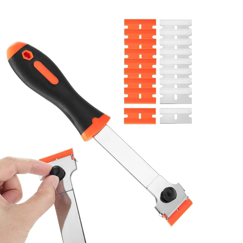 

Скребок с лезвием бритвы с длинной ручкой для очистки наклеек, краски, герметика от окна, скребок для лобового стекла автомобиля с 20-лезвийями