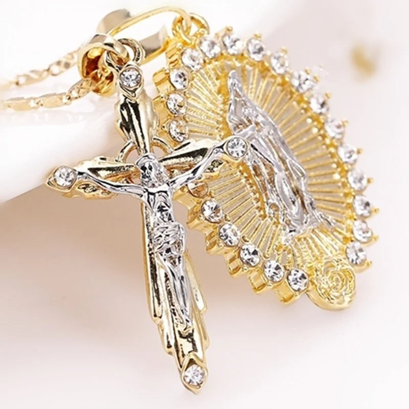 Fashion Mens Jewellery Gold Plated Cross Crucifix Necklace Virgin Mary Crucifix Jesus Pendant Necklace Faith Necklace Jewelry