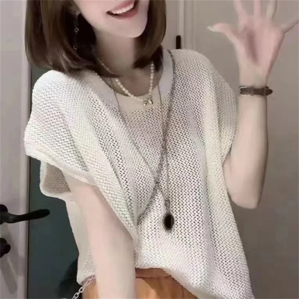 

Loose Short Sleeved Knitted Pullover Tops Hollowed Out Sweater Summer Thin Oversized Clothing For Women O-neck