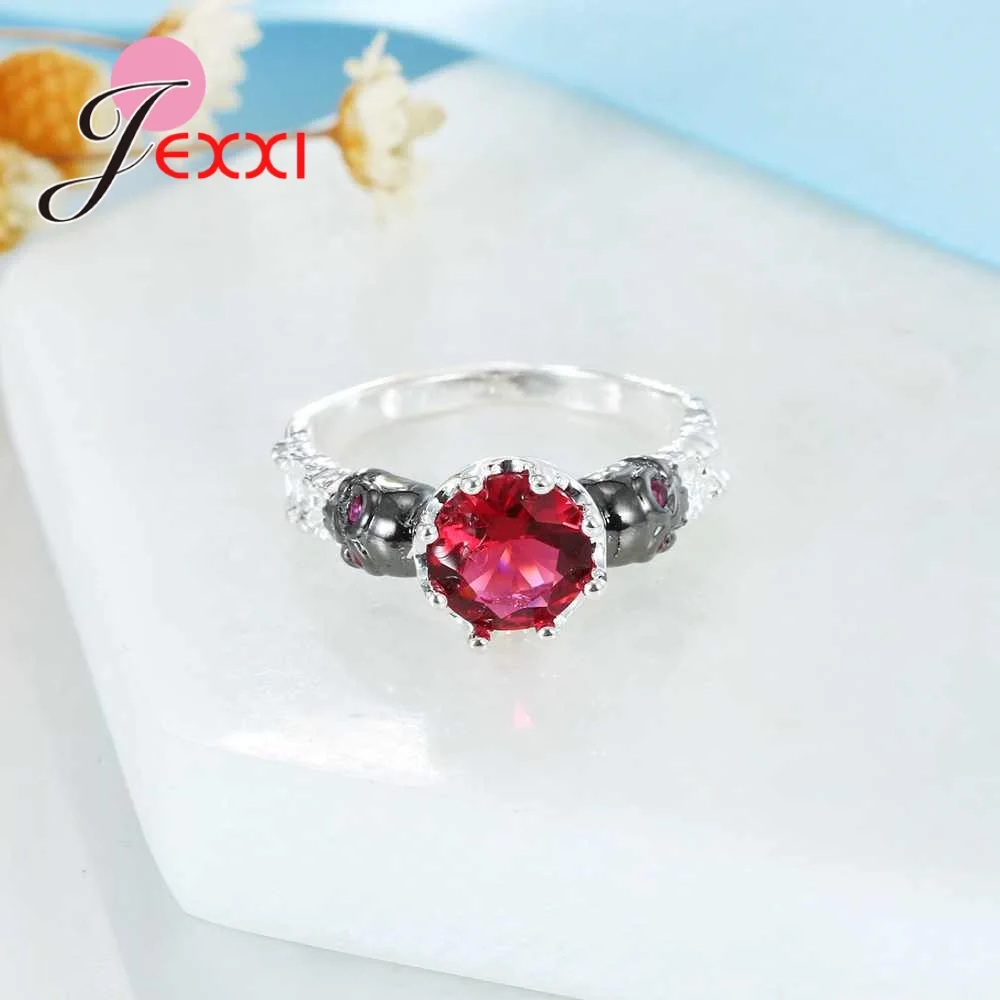 Punk Style Red Austrian Crystal Skull Rings For Women Girls Party Accessory 925 Sterling Silver Finger Ring Bands Jewelry