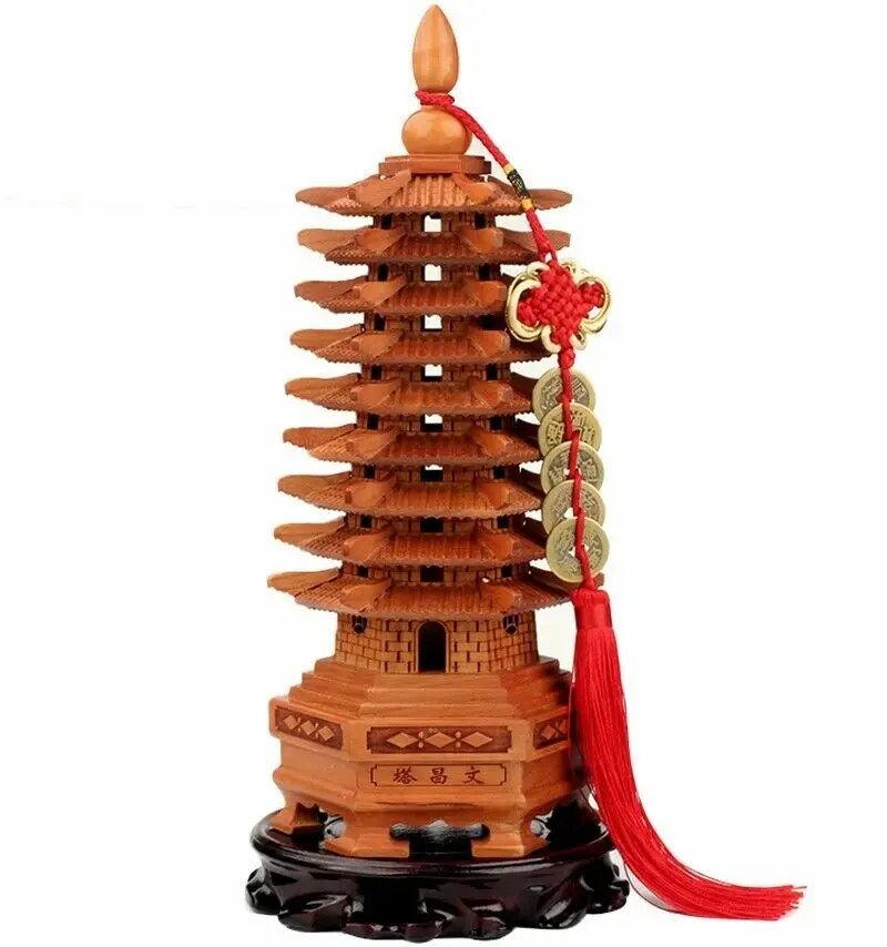 

11" Peach Wood Carved 9-Level Pagoda Wen Chang Buddha Tower Decor Feng Shui
