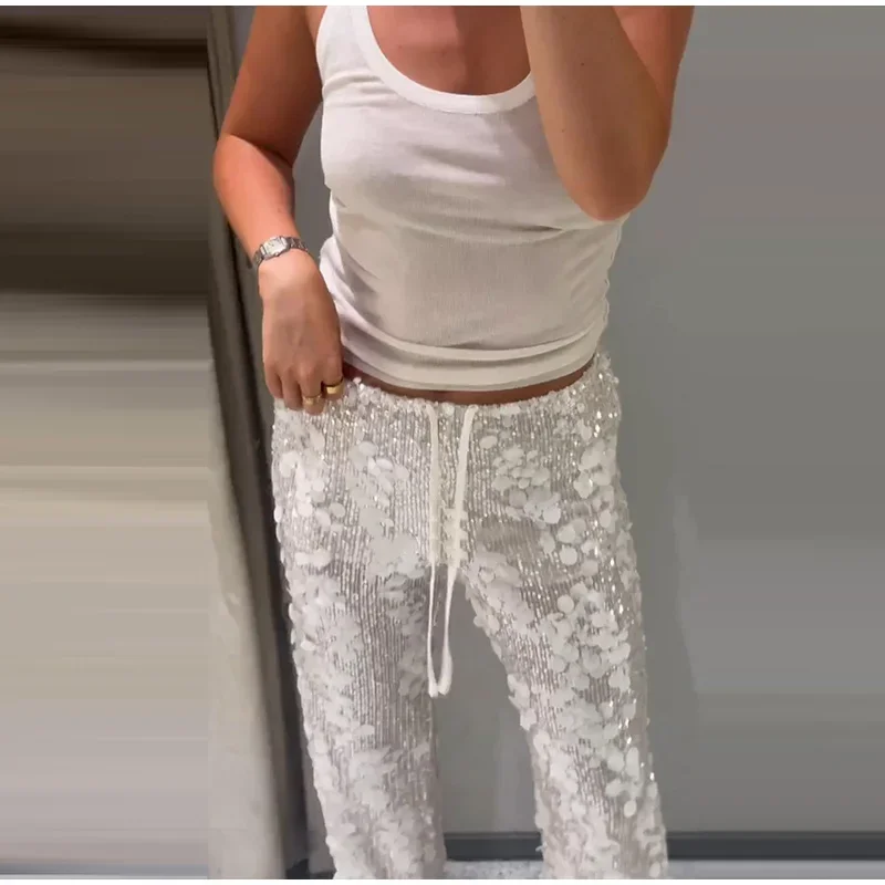 Pailletten-Zweiteiler für Damen, schulterfreies Tube-Top, mittelhohe Taille, gerade geschnittene Hose, sexy, modisches, passendes Outfit für Partys – Detail 13