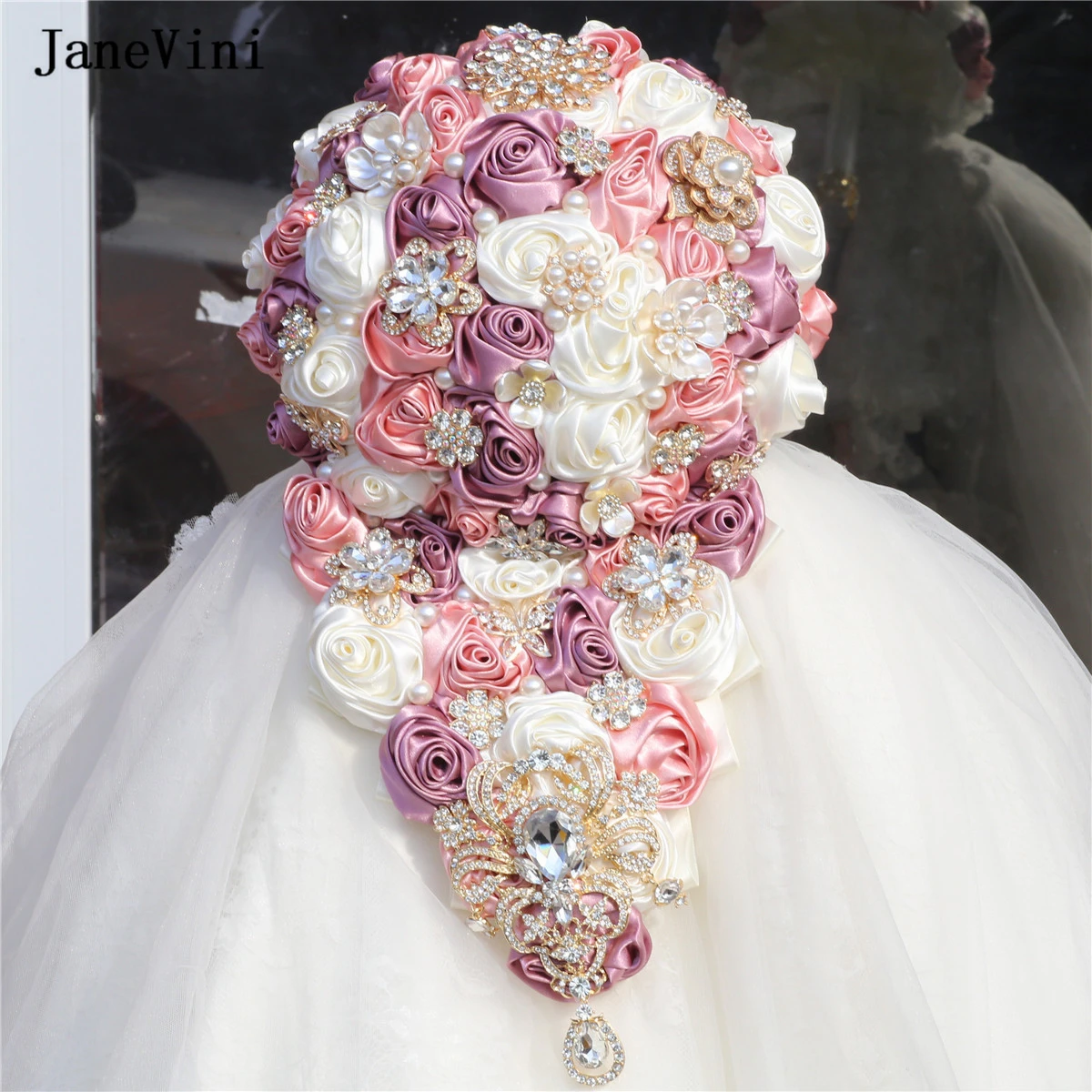 JaneVini Luxury Crystal Waterfall Bridal Bouquets Artificial Ivory Satin Roses Flowers Cascading Bouquet Accessories for Bride