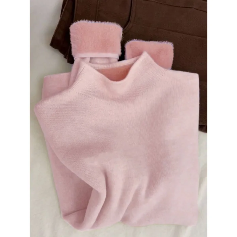 2026 Autumn Winter Classic Soft Fleece-Lined Half Turtleneck Knit Base Layer Top Warm Slim Fit Solid Color Long Sleeve Sweater