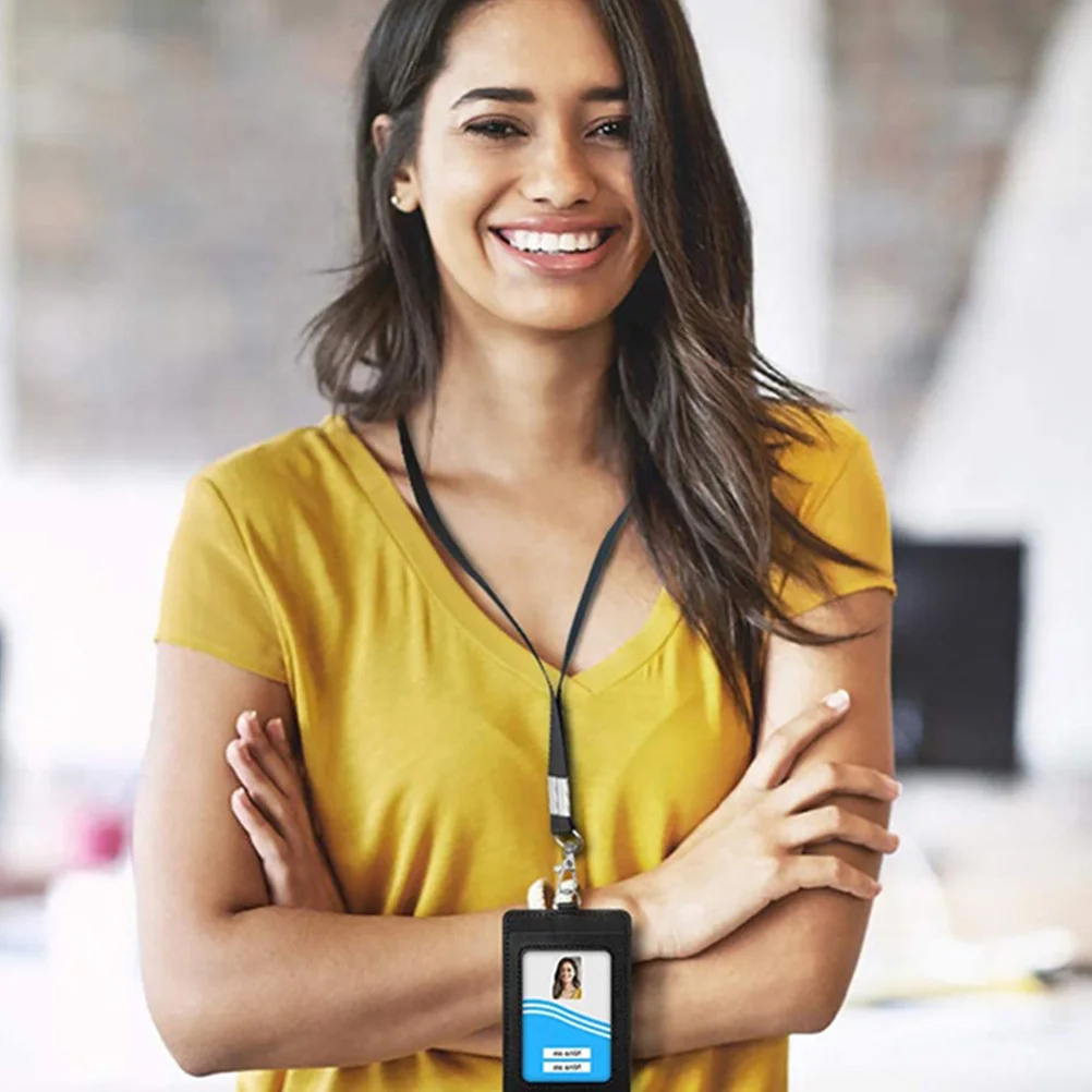 

1 Set Id Cards Cover With Lanyard Lightweight Pu Portable Badge Holder For Students Work Cards Hanging Tag Buckle Case Accessory